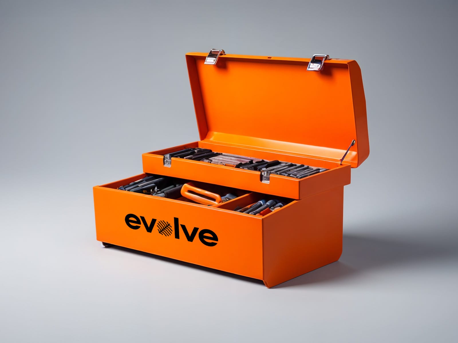 A bright orange toolbox with the text evolve